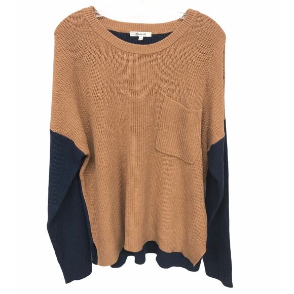 Madewell Women's Sweater Thompson Blue Tan Colorblock Pocket size XS - Picture 2 of 5